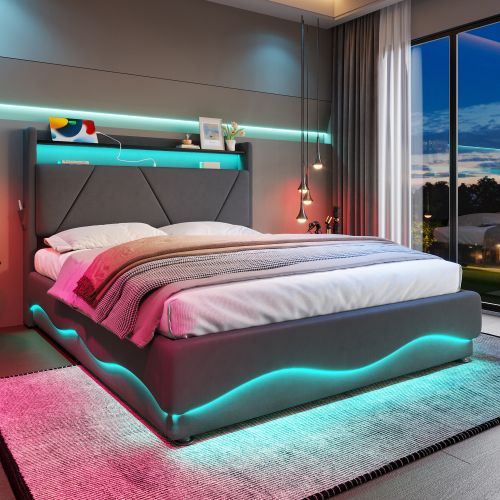 Lit Coffre 140x200 Cm, Cadre De Lit Avec Tête De Lit De Rangement Et LED, En Velours, Gris Foncé