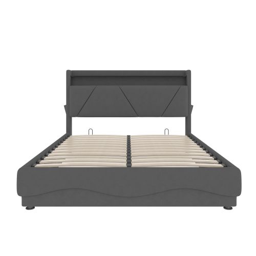 Lit Coffre 140x200 Cm, Cadre De Lit Avec Tête De Lit De Rangement Et LED, En Velours, Gris Foncé