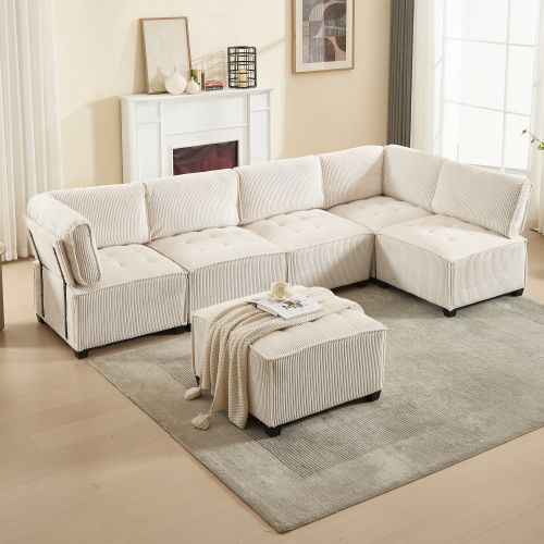 Canapé Convertible Modulaire 6 Places 308 Cm En Tissu Côtelé Beige Avec Poches Latérales