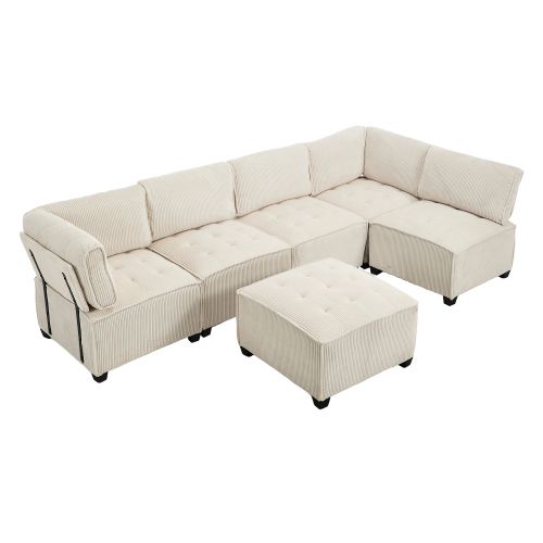 Canapé Convertible Modulaire 6 Places 308 Cm En Tissu Côtelé Beige Avec Poches Latérales