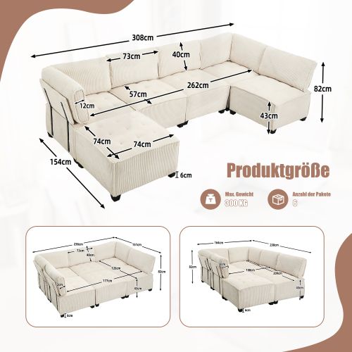 Canapé Convertible Modulaire 6 Places 308 Cm En Tissu Côtelé Beige Avec Poches Latérales