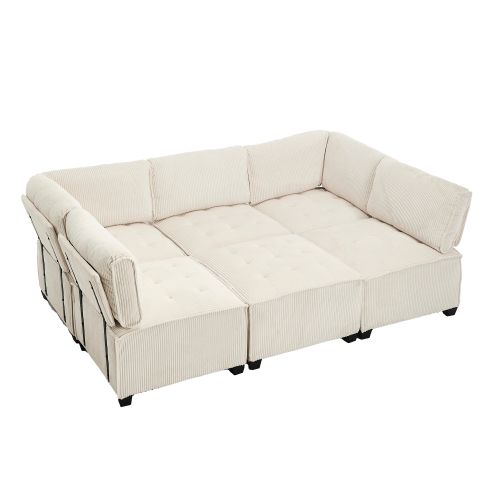 Canapé Convertible Modulaire 6 Places 308 Cm En Tissu Côtelé Beige Avec Poches Latérales