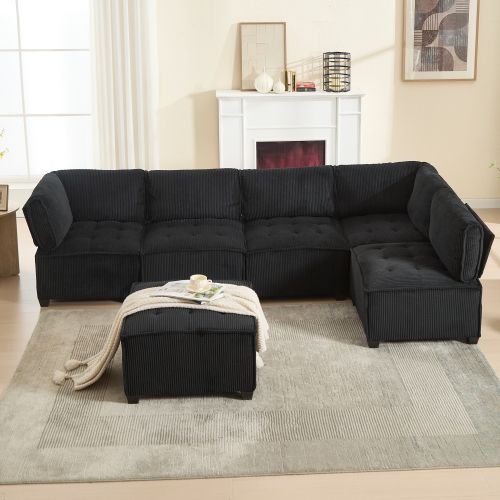 Canapé Convertible Modulable 6 Places En Velours Côtelé Noir, Structure Bois Et Métal