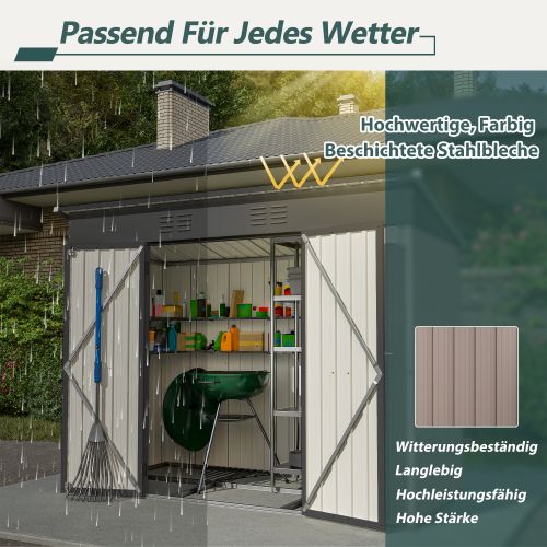 Abri De Jardin En Métal 242x126x182 Cm Avec Fondation, Toit Incliné Et Portes Verrouillables