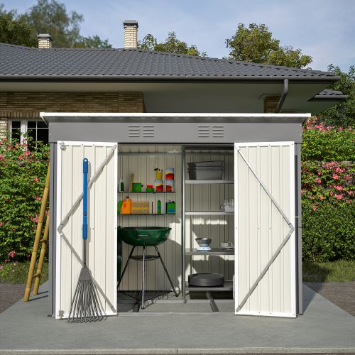 Abri De Jardin En Métal Galvanisé Gris 242x126x182 Cm Avec Cadre De Fondation, Toit Incliné