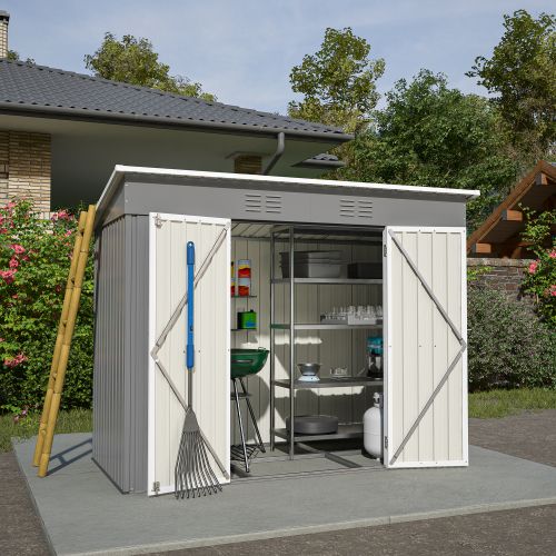 Abri De Jardin En Métal Galvanisé Gris 242x126x182 Cm Avec Cadre De Fondation, Toit Incliné