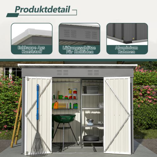 Abri De Jardin En Métal Galvanisé Gris 242x126x182 Cm Avec Cadre De Fondation, Toit Incliné