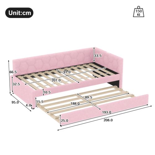 Lit Gigogne 90x200 Cm Avec Sommier à Lattes Et Ports USB Et Type-c, En Tissu, Rose
