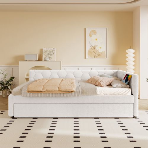 Lit Enfant 90x200 Cm Avec Lit Gigogne Et Ports USB Et Type-c, En Velours, Blanc