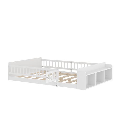 Lit Enfant 140x200 Cm Avec Rangements Ouverts Et Porte-barrière, En Bois, Blanc