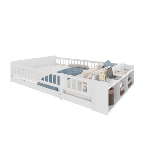 Lit Enfant 140x190 Cm, Rangement Ouvert Et Étagères, En Bois, Blanc