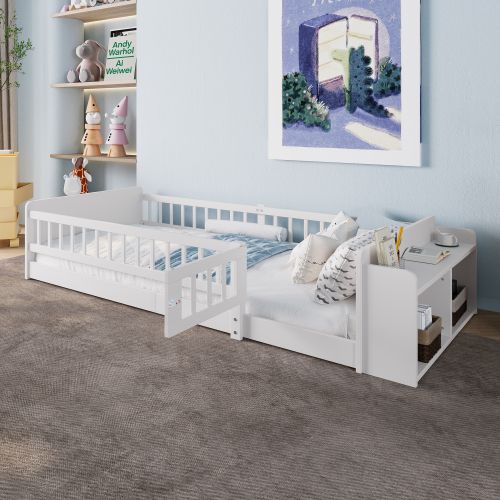 Lit Enfant 90x200 Cm, Rangement Ouvert Et Étagères Intégrées, En Bois, Blanc