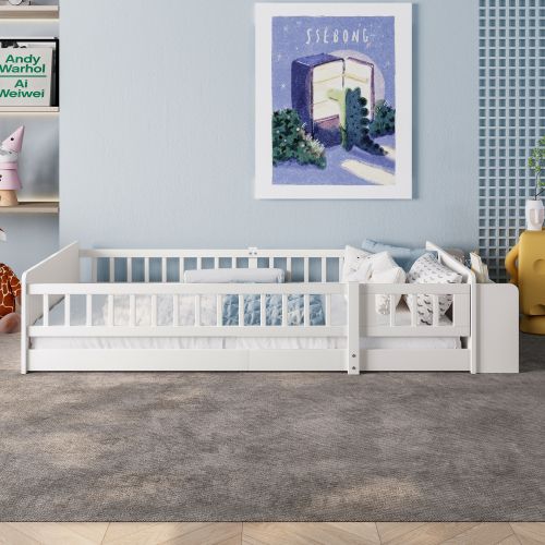Lit Enfant 90x200 Cm, Rangement Ouvert Et Étagères Intégrées, En Bois, Blanc
