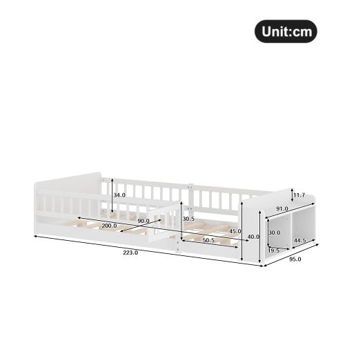 Lit Enfant 90x200 Cm, Rangement Ouvert Et Étagères Intégrées, En Bois, Blanc
