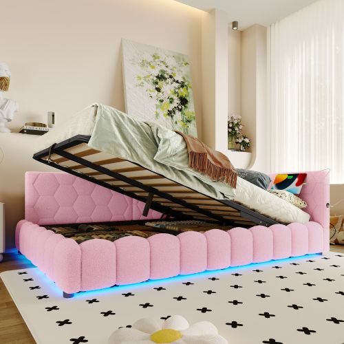 Lit Coffre 140x200 Cm, Lit Adulte Avec LED, Avec Lattes, En Velours, Rose