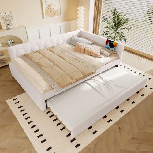 Lit Adulte 140x200 Cm Avec Lit Gigogne Et Ports USB Et Type-c, En Velours, Blanc