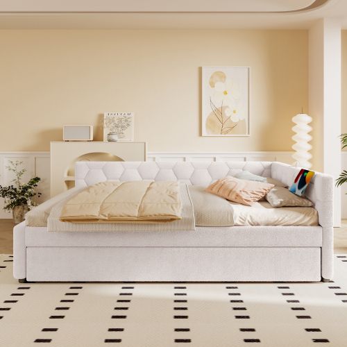 Lit Adulte 140x200 Cm Avec Lit Gigogne Et Ports USB Et Type-c, En Velours, Blanc