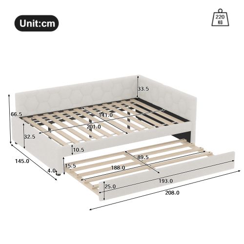 Lit Adulte 140x200 Cm Avec Lit Gigogne Et Ports USB Et Type-c, En Velours, Blanc