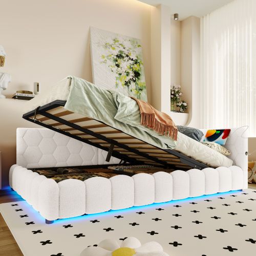 Lit Coffre 140x200 Cm, Lit Adulte Avec Sommier à Lattes, En Tissu, Sans Fond, Blanc