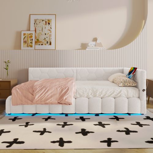 Lit Coffre 90x200 Cm, Lit Coffre Hydraulique, Avec LED, En Velours, Blanc