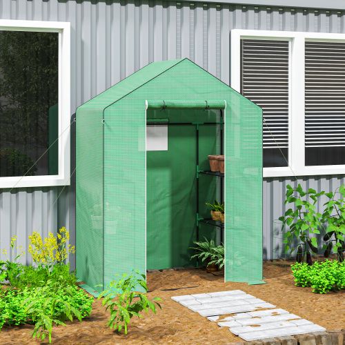 Serre De Jardin En Film Pvc 143x74x190 Cm Verte Avec Porte Enroulable, Fenêtre Et 2 Étagères