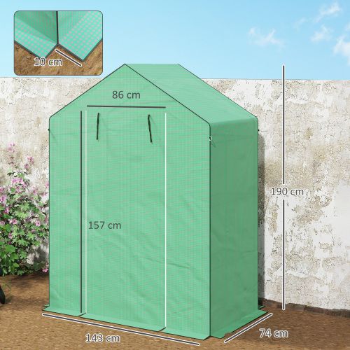 Serre De Jardin En Film Pvc 143x74x190 Cm Verte Avec Porte Enroulable, Fenêtre Et 2 Étagères