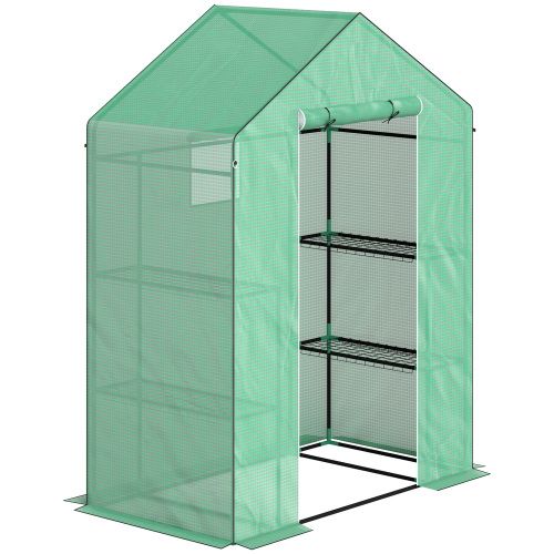 Serre De Jardin En Film Pvc 143x74x190 Cm Verte Avec Porte Enroulable, Fenêtre Et 2 Étagères