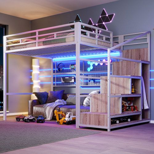 Lit Mezzanine 140x200 Cm En Métal Avec Penderie, LED Et Échelle De Rangement, Blanc