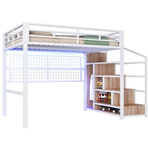 Lit Mezzanine 140x200 Cm En Métal Avec Penderie, LED Et Échelle De Rangement, Blanc