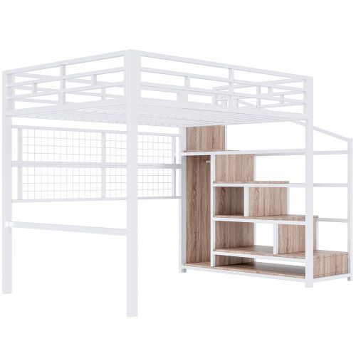 Lit Mezzanine 140x200 Cm En Métal Avec Penderie, LED Et Échelle De Rangement, Blanc