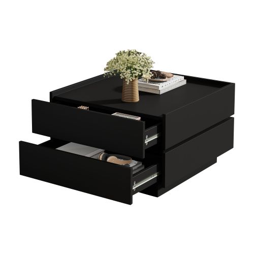 Table Basse Carrée Noire 360° Plateau Pivotant Avec 2 Tiroirs 60x60x38 Cm