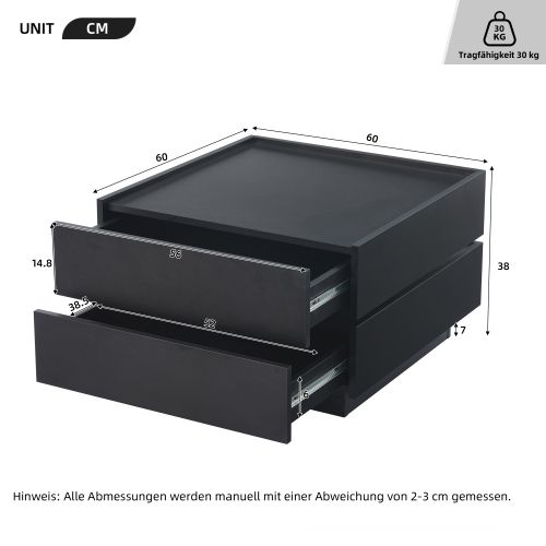 Table Basse Carrée Noire 360° Plateau Pivotant Avec 2 Tiroirs 60x60x38 Cm