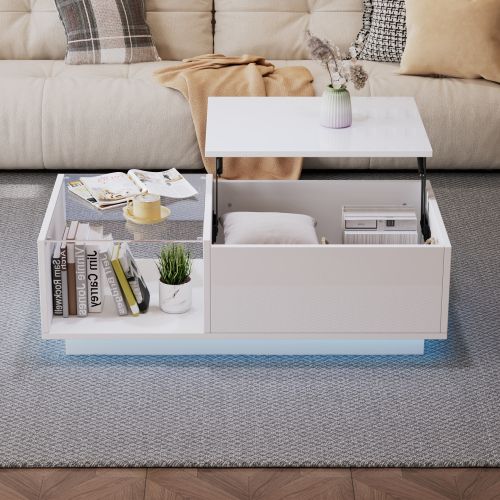 Table Basse Rectangulaire Blanche Avec LED, Plateau Relevable Et Rangement