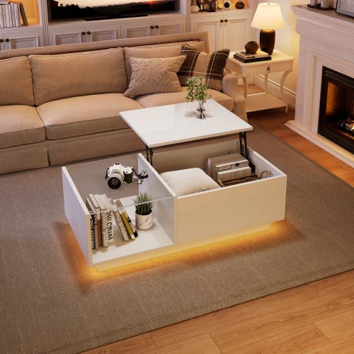 Table Basse Rectangulaire Blanche Avec LED, Plateau Relevable Et Rangement