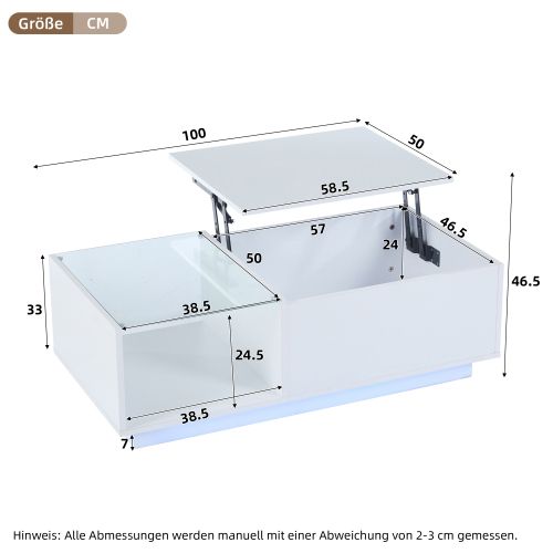 Table Basse Rectangulaire Blanche Avec LED, Plateau Relevable Et Rangement