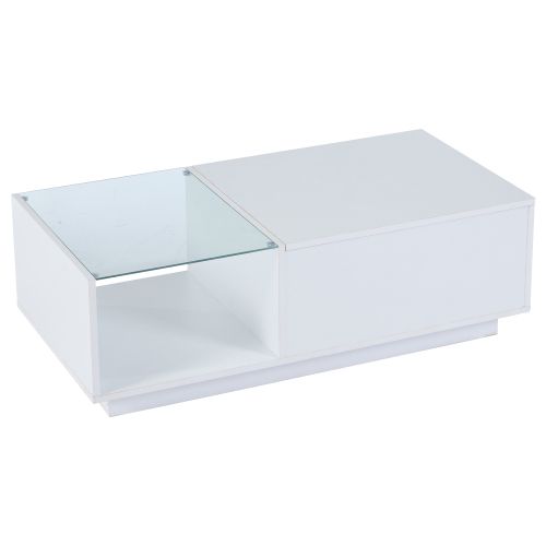 Table Basse Rectangulaire Blanche Avec LED, Plateau Relevable Et Rangement