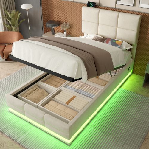 Lit Coffre 90x200 Cm, Lit Simple, Lit Enfant, Avec Tête De Lit Réglable, En Velours, Beige