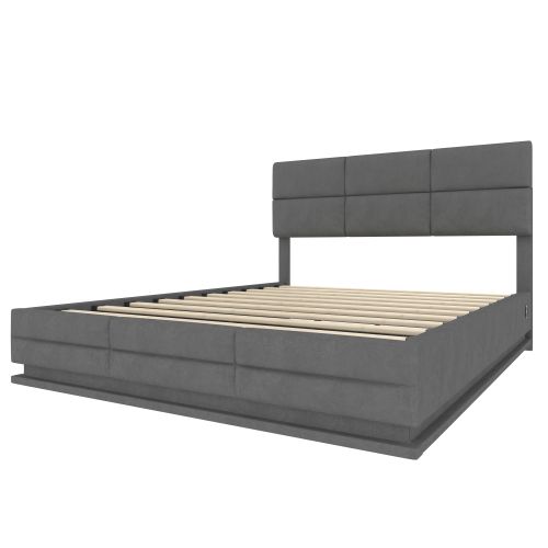 Lit Coffre 160x200 Cm, Lit Adulte, Avec Tête De Lit Réglable Et LED, En Velours, Gris Foncé