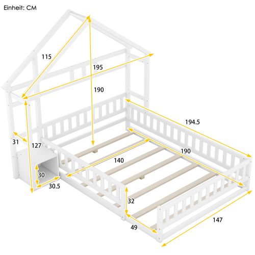 Lit Enfant 140x190 Cm Avec Tête De Lit Maison Et Table De Chevet, Barrière, En Bois, Blanc