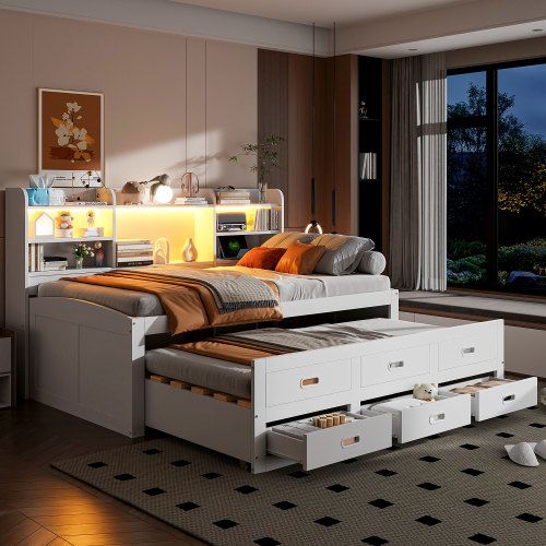 Lit Gigogne 90x200 Cm, 3 Tiroirs Et LED Télécommande, En Bois, Blanc