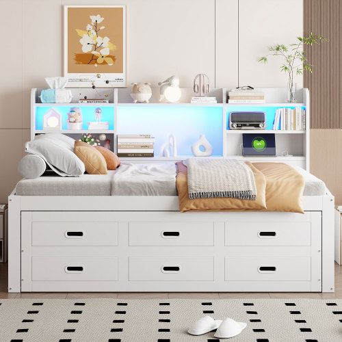 Lit Gigogne 90x200 Cm, 3 Tiroirs Et LED Télécommande, En Bois, Blanc