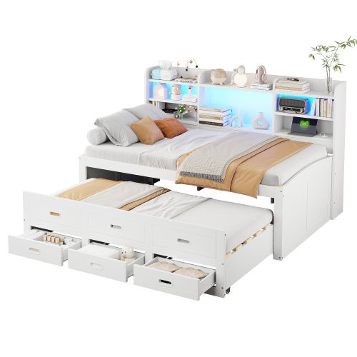 Lit Gigogne 90x200 Cm, 3 Tiroirs Et LED Télécommande, En Bois, Blanc