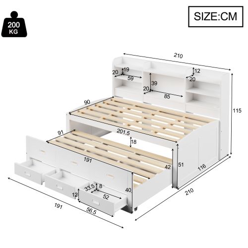 Lit Gigogne 90x200 Cm, 3 Tiroirs Et LED Télécommande, En Bois, Blanc