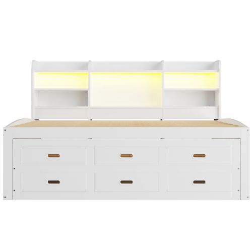 Lit Gigogne 90x200 Cm, 3 Tiroirs Et LED Télécommande, En Bois, Blanc