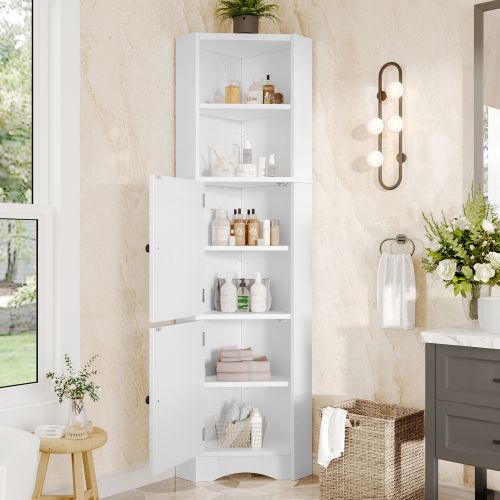 Colonne De Salle De Bain D'angle, 2 Étagères Ouvertes, 2 Portes, Étagères Réglables, Blanc