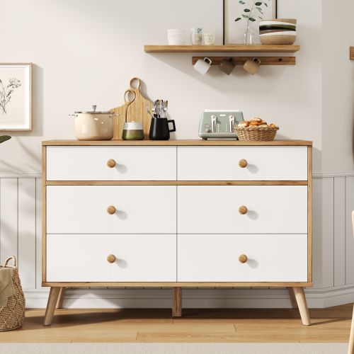 Commode à 6 Tiroirs 116x40x80 Cm - Couleur Bois Et Blanc