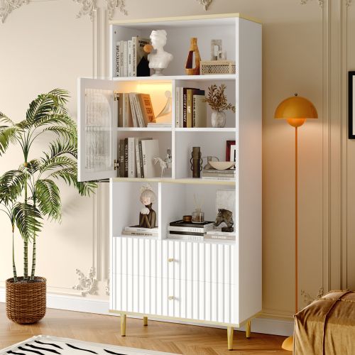 Bibliothèque Blanc 78x36x180 Cm Avec Étagères, 2 Tiroirs Silencieux Et Bande Lumineuse