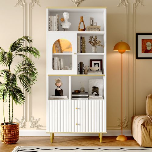 Bibliothèque Blanc 78x36x180 Cm Avec Étagères, 2 Tiroirs Silencieux Et Bande Lumineuse