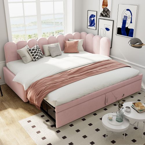 Lit Gigogne 90x200 Cm, Avec Tête De Lit, En Velours, Rose