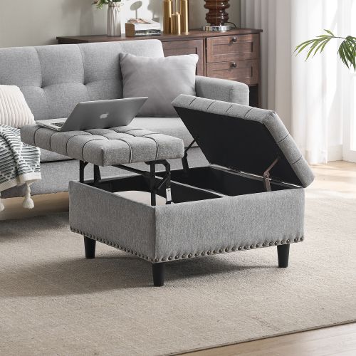 Pouf Relevable Carré En Lin Gris Avec Rangement